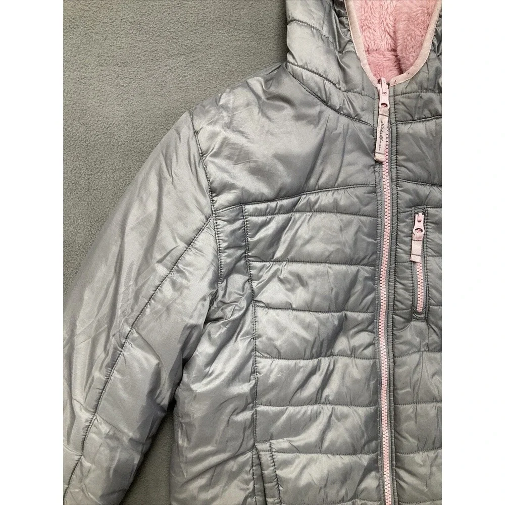 Eddie Bower Puffer Jacket Girls L 14/16 Grey Pink Zip Hooded Warm